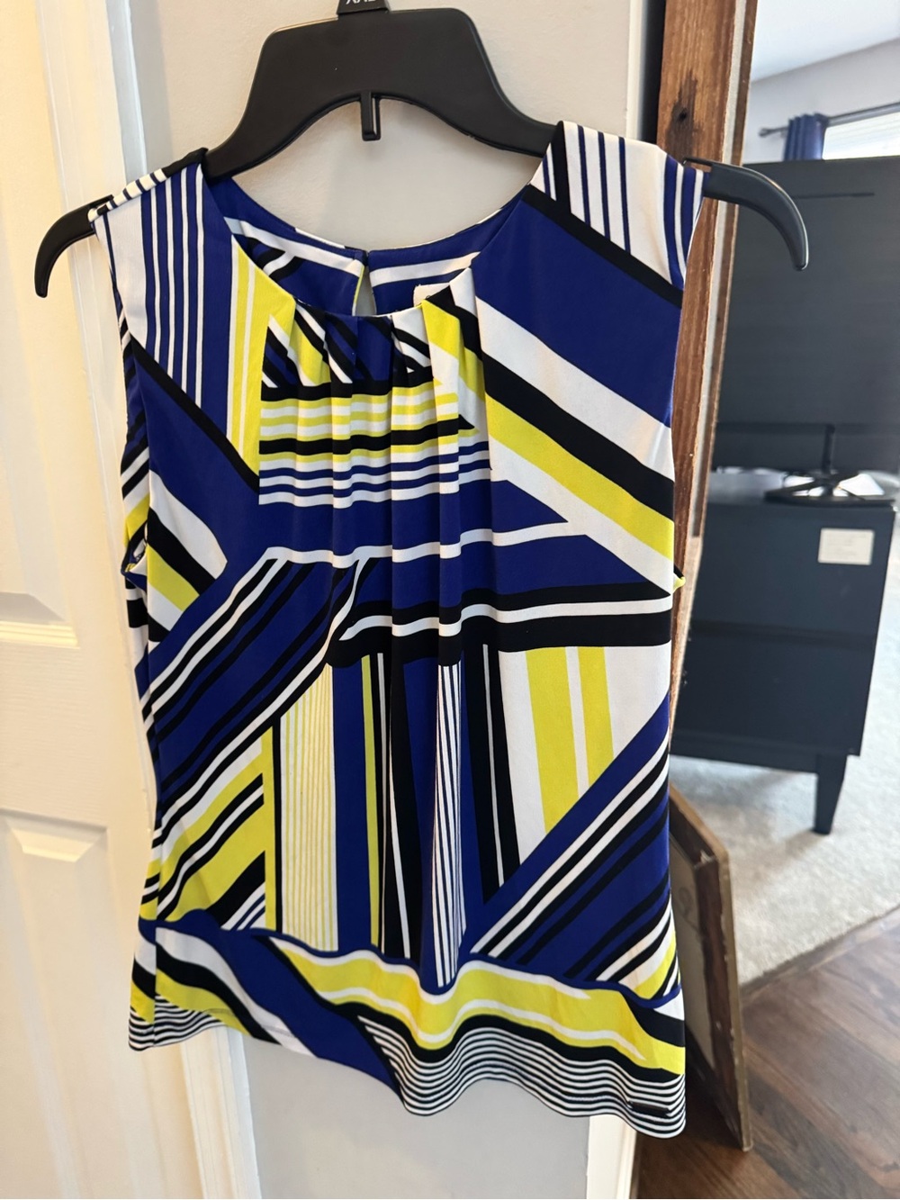 Calvin Klein Sleeveless Geometric Stripe Top in Blue, Yellow & White